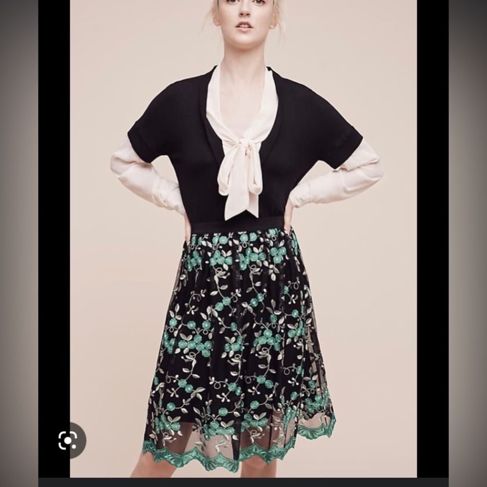 ☘️ Erin Fetherston Anthro XS Green Black Floral Embroidery Skirt